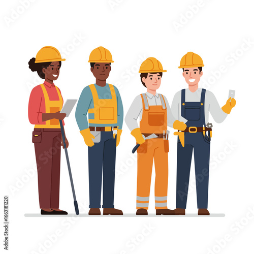 Diverse and professional team of skilled construction workers and tradespeople, including men and women, stand united in safety gear, ready for a project.