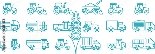 Cyan Outline Truck and Tractor Icons with Wheat Stalk on a White Background