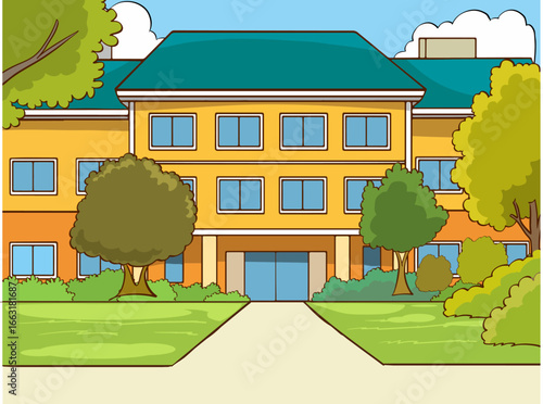 Front view of a classic school building with large windows and doors. Flat, cartoon-style vector illustration. Elementary or high school architecture with trees and bushes