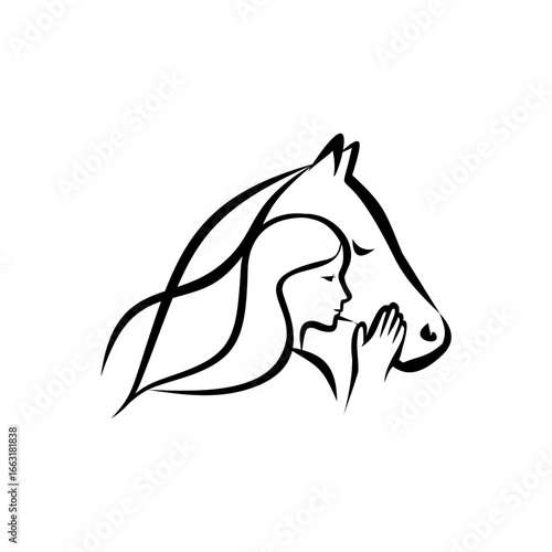 Elegant line art logo of a woman and a horse sharing a gentle moment of connection and friendship, isolated vector illustration.