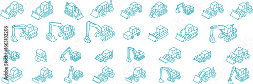 Isometric Teal Construction Vehicle Line Art on White Background Design