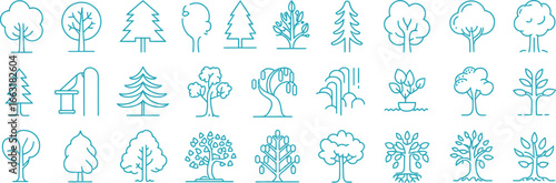 Minimalist Tree Line Icons Set, Diverse Forestry, Plants Outlines on Transparent BG