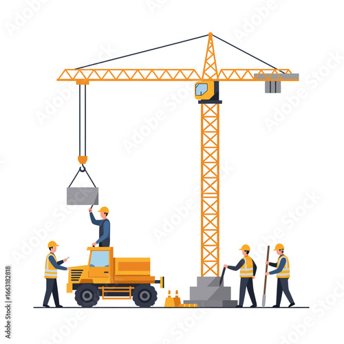 A dedicated team of construction workers, wearing safety gear, efficiently operates a large tower crane and heavy machinery on a dynamic building site.