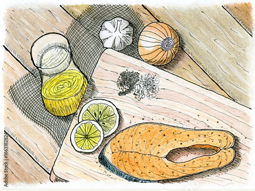 Fresh Salmon with Lemon and Spices on Wooden Board Sketch