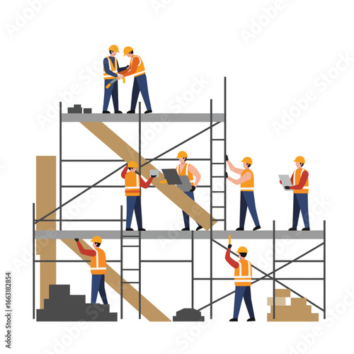 A team of dedicated construction workers collaborates on a building project, demonstrating teamwork and safety on a multi-level scaffolding structure.