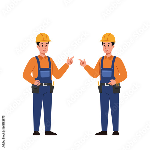Two cheerful male construction workers, dressed in safety gear, point at each other, suggesting a collaborative discussion or shared task.