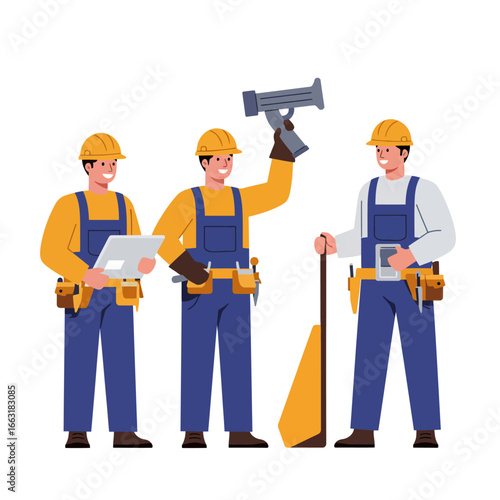 Three smiling construction workers in hard hats and overalls are ready for work, showcasing teamwork and professional building skills.