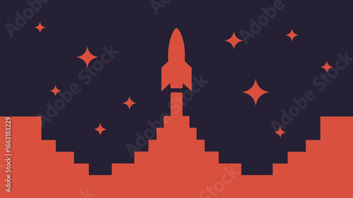 A stylized image of a rocket launching into space with stars on a dark background in a simple design