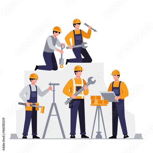 This illustration depicts a diligent team of animated construction workers, equipped with essential tools and safety gear, collaborating on various building tasks.