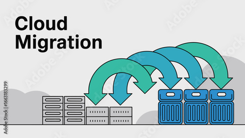 Cloud migration diagram showing data transfer with arrows from source to destination containers