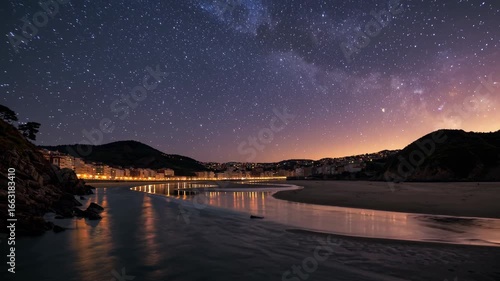 A Stunning Transition from Sunset to a Starry Night over a Coastal Town, with Water Reflecting City Lights and a Clear Milky Way in the Sky