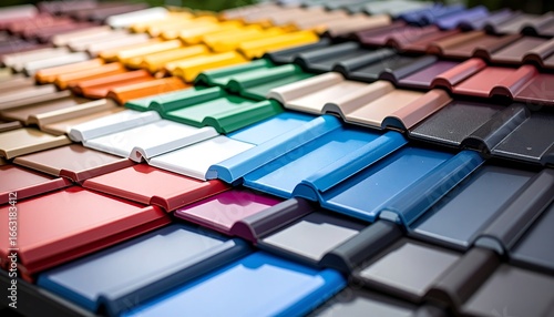 Colorful roof tiles displayed in a variety of hues.