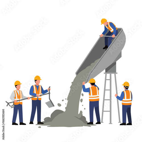 A team of skilled construction workers in safety gear diligently pours and spreads fresh concrete on a building site, demonstrating efficient teamwork and industrial labor.