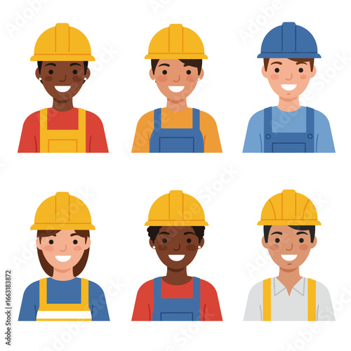 A cheerful collection of six diverse construction workers and tradespeople, depicted as modern avatars, represents an inclusive and essential workforce.