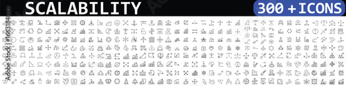 Scalability line icon set. Scale, scalable resize, scaling, stretch, expand, expansion, elasticity, scalling, adaptability, efficiency and more. Outline vector icon.