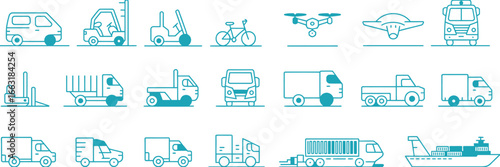 Transportation Vehicles Icons Set Blue Line Style on White, Car, Truck, Drone, Ship