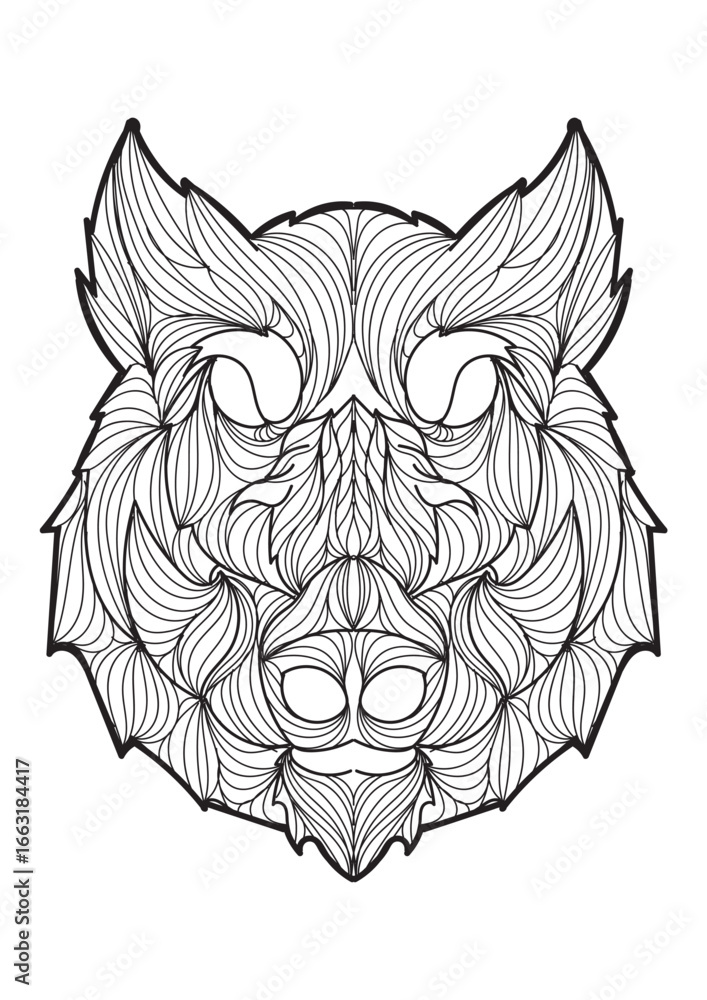 Fototapeta premium Intricate black and white line art illustration of a wild boar's head with abstract swirling patterns.