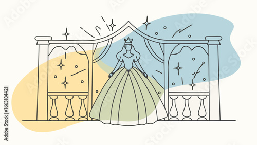 Line art illustration of a princess in a ball gown and crown standing under an ornate archway with sparkles.
