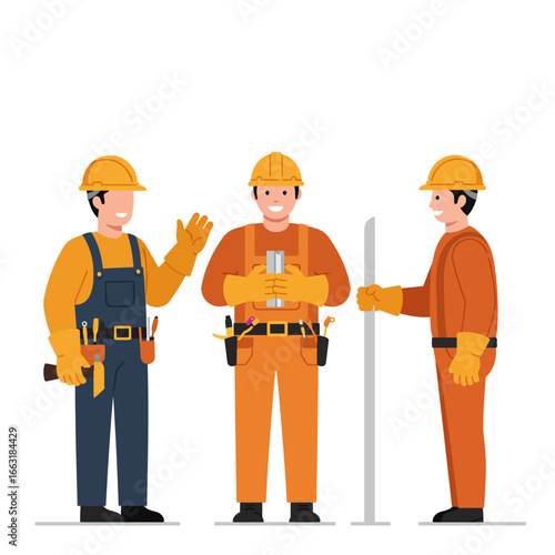 A cheerful vector illustration portrays three professional male construction workers wearing hard hats and safety gear, emphasizing teamwork and skilled craftsmanship.