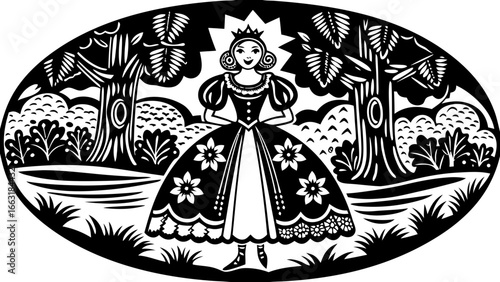 Black and white woodcut style illustration of a princess with a crown and elaborate dress standing in a stylized forest with trees and bushes, set within an oval frame.