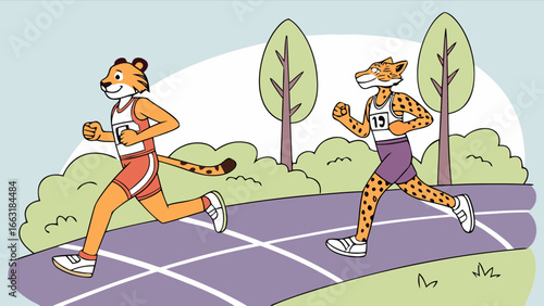 Two anthropomorphic big cats, a cheetah and a leopard, running a race on an outdoor track with trees in the background.