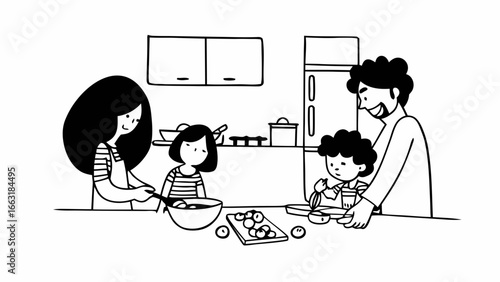 A family of four, including a mother, father, daughter, and son, happily cooking and baking together in a kitchen, preparing food on a counter.