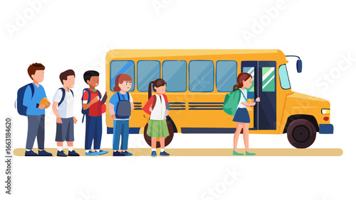 Children with backpacks waiting in line to board a yellow school bus, ready for their daily commute to school.