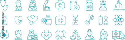 Turquoise outline medical icon set with staff, healthcare symbols on white