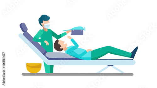 Dentist examining a patient lying on a dental chair during a check-up or procedure.