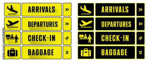 Airport Terminal Direction Signs Arrivals Departures Check In Baggage Icons