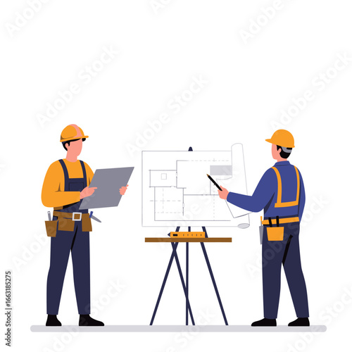 Two skilled construction professionals meticulously review architectural blueprints on an easel, collaborating on a new building project design.