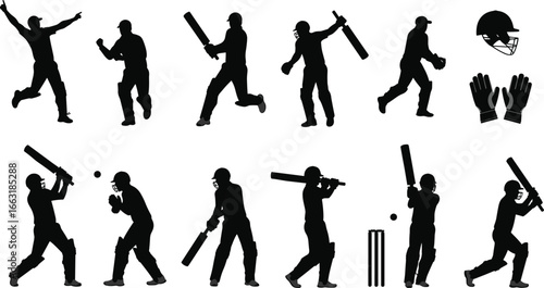 Cricket player silhouettes with bats and gear – vector sports icons of batting, bowling, fielding, wicket keeping, cricket helmet set