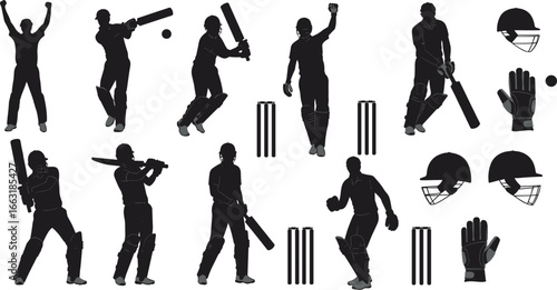 Cricket player silhouettes with bats and gear – vector sports icons of batting, bowling, fielding, wicket keeping, cricket helmet set
