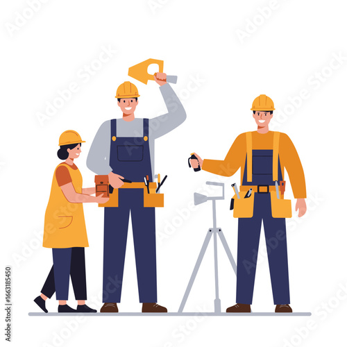 A diverse and skilled team of construction professionals, including men and women, collaboratively engaging in a home improvement project with essential tools.