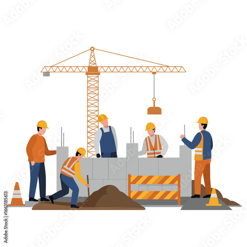 A team of dedicated construction workers wearing safety gear diligently builds a new structure with a crane and building materials on a busy site.