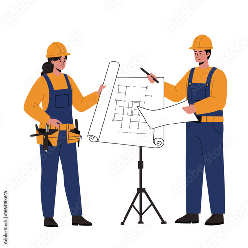 Two construction workers, a man and a woman, are meticulously reviewing architectural blueprints on a stand, collaborating on a building project.