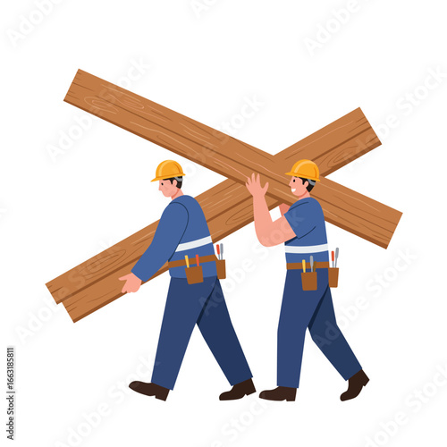 Two diligent construction workers, wearing protective gear, expertly collaborate to carry heavy wooden planks, demonstrating teamwork and efficiency on a building site.