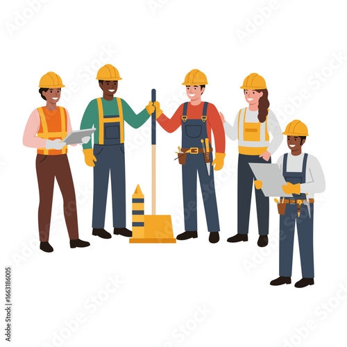 A diverse team of happy construction workers in hard hats and overalls stands together, representing collaboration and skilled labor in the building industry.