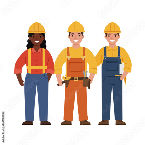 A diverse and smiling team of professional construction workers, including men and women, proudly stands together, ready for a new project.