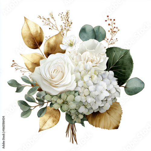 White rose bouquet with gold leaves is presented on a white background, suitable for branding and invitations.
