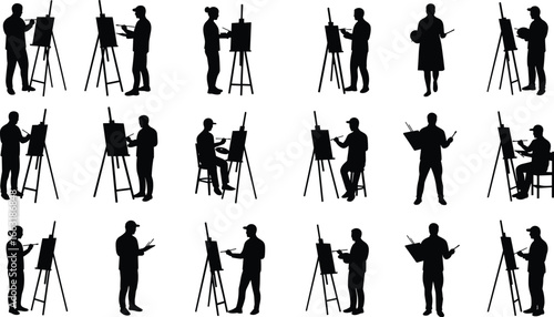 Silhouettes of artists painting on easels – vector art of painters drawing, creative workshop poses, art class, black outlines