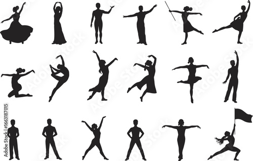 Silhouettes of dancers in various elegant dance poses, ballet movements, artistic performance, choreography, isolated on white background, vector illustration