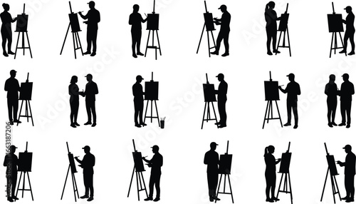 Silhouettes of artists painting on easels – vector art of painters drawing, creative workshop poses, art class, black outlines