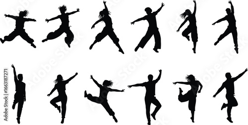 Silhouettes of dancers in various elegant dance poses, ballet movements, artistic performance, choreography, isolated on white background, vector illustration