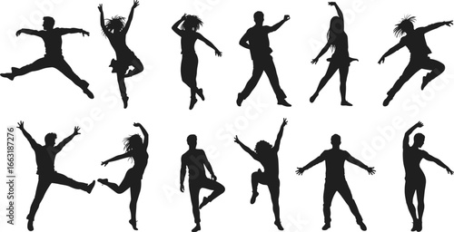 Silhouettes of dancers in various elegant dance poses, ballet movements, artistic performance, choreography, isolated on white background, vector illustration