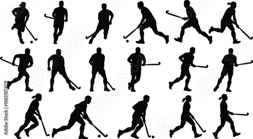 Silhouettes of field hockey players in action, dynamic sports poses, athletic teamwork, stick and ball movement, outdoor competition.