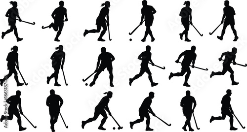 Silhouettes of field hockey players in action, dynamic sports poses, athletic teamwork, stick and ball movement, outdoor competition.