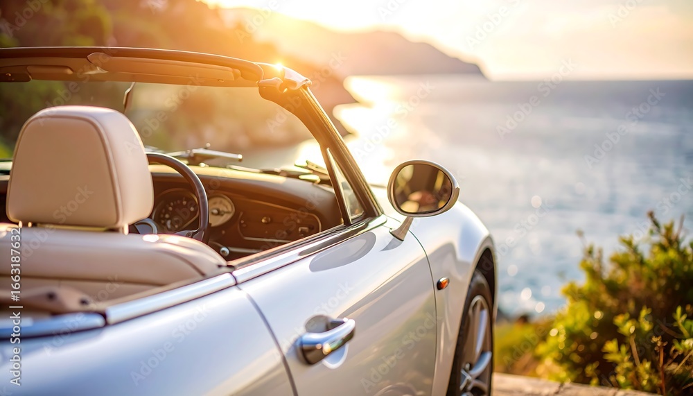 Fototapeta premium Convertible car at sunset by the sea