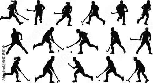 Silhouettes of field hockey players in action, dynamic sports poses, athletic teamwork, stick and ball movement, outdoor competition.