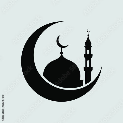 Mosque with Crescent Moon and Minaret Silhouette – Islamic Vector Icon for Ramadan, Eid, Religion, Prayer, Festival, and Spiritual Themes.